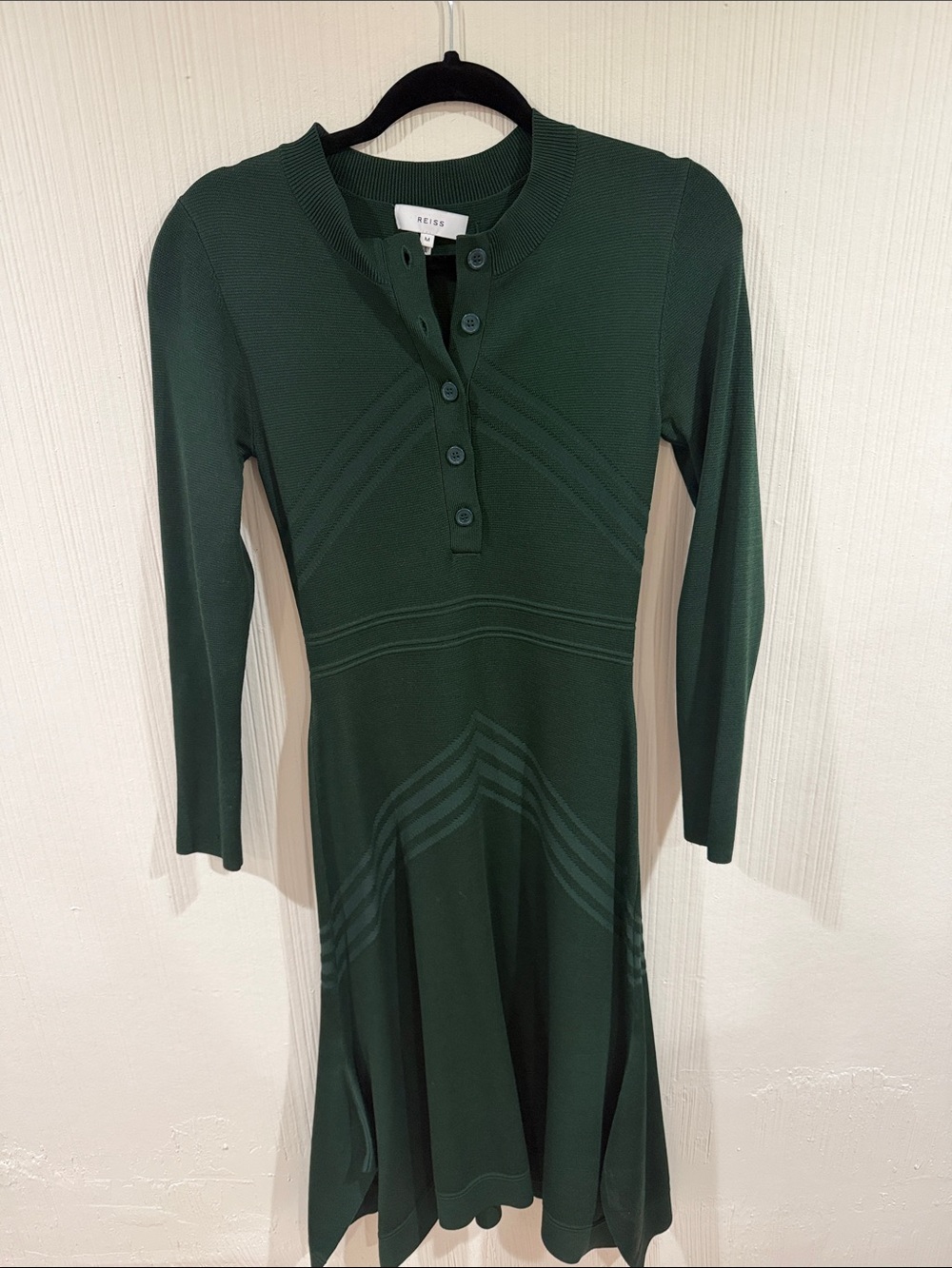 Reiss Deep Green Long Sleeve Button-Front Knit Dress